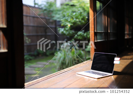 日式房間的門廊上放著一台電腦,背景是日式花園。 日式房間的門廊上放著一台電腦,背景是日式花園。 101254352