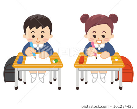 Elementary school boys and girls studying at school desk 101254423