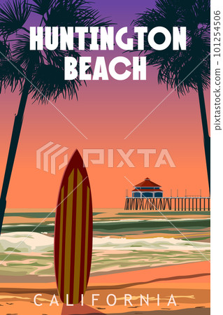 Huntington Beach California retro travel poster vector Huntington Beach California retro travel poster vector 101254506