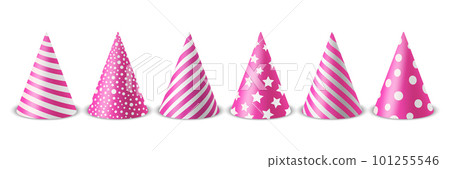 Vector 3d Realistic Pink and White Birthday Party Hat Icon Set Isolated on White Background. Party Cap Design Template for Party Banner, Greeting Card. Holiday Hats, Cone Shape, Front View Vector 3d Realistic Pink and White Birthday Party Hat Icon Set Isolated on White Background. Party Cap Design Template for Party Banner, Greeting Card. Holiday Hats, Cone Shape, Front View 101255546