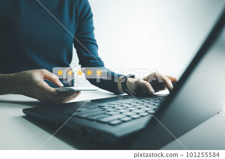 Satisfied customer experience concept, happy business customer using smartphone, the best review, High quality service, Most rated, the highest score, 5 stars, Social media very good. 101255584