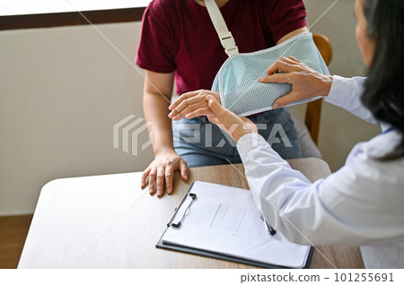 A female patient with a broken arm is being diagnosed by an orthopedic doctor 101255691