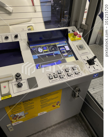 Aircraft docking stop and boarding bridge stop operator panel providing joystick, command buttons, alarm lights and a display screen Aircraft docking stop and boarding bridge stop operator panel providing joystick, command buttons, alarm lights and a display screen 101255720