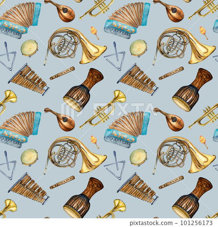 Musical instruments seamless pattern watercolor isolated on blue. Musical instruments seamless pattern watercolor isolated on blue. 101256173