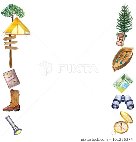 Watercolor adventure set vertical frame, camp outdoor tourist camping symbols Watercolor adventure set vertical frame, camp outdoor tourist camping symbols 101256374