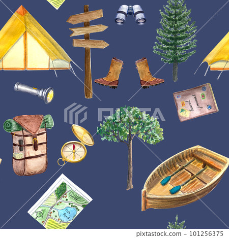 Watercolor camping seamless pattern, adventure outdoor tourist backpack boat wallpaper Watercolor camping seamless pattern, adventure outdoor tourist backpack boat wallpaper 101256375