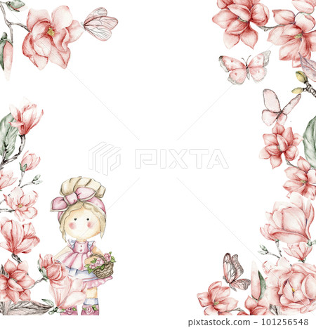 Watercolor square flower frame in cartoon style with a cute girl doll in a dress. Cartoon hand drawn background with flower princess and yellow flowers for kids design. Perfect for wedding invitation. Watercolor square flower frame in cartoon style with a cute girl doll in a dress. Cartoon hand drawn background with flower princess and yellow flowers for kids design. Perfect for wedding invitation. 101256548