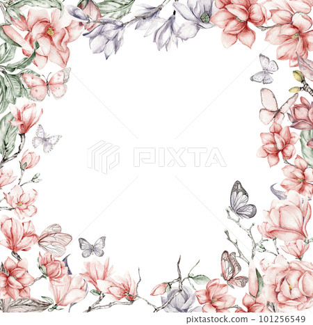 Watercolor hand drawn spring garden full of flowers square frame. Watercolor illustration for scrapbooking. Cartoon hand drawn background with flower for kids design. Perfect for wedding invitation. 101256549