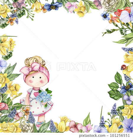 Watercolor square flower frame in cartoon style with a cute girl doll in a dress. Cartoon hand drawn background with flower princess and yellow flowers for kids design. Perfect for wedding invitation. 101256551