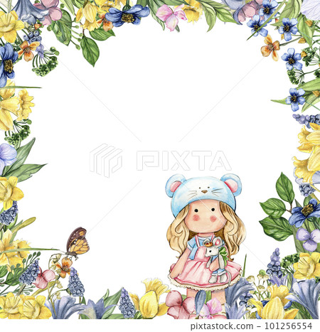 Watercolor square flower frame in cartoon style with a cute girl doll in a dress. Cartoon hand drawn background with flower princess and yellow flowers for kids design. Perfect for wedding invitation. Watercolor square flower frame in cartoon style with a cute girl doll in a dress. Cartoon hand drawn background with flower princess and yellow flowers for kids design. Perfect for wedding invitation. 101256554