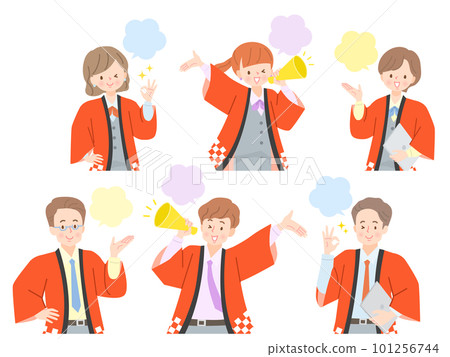Illustration set of multiple male and female staff working in happi coats Illustration set of multiple male and female staff working in happi coats 101256744