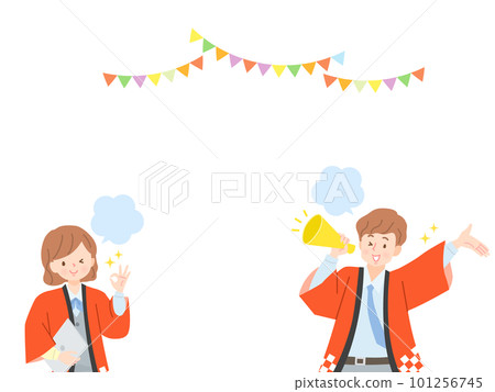 Men and women in happi coats calling in with a megaphone and design background 101256745