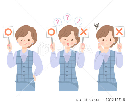 一位年輕女子拿著一張圓形和十字形卡片的表情插圖集 101256748