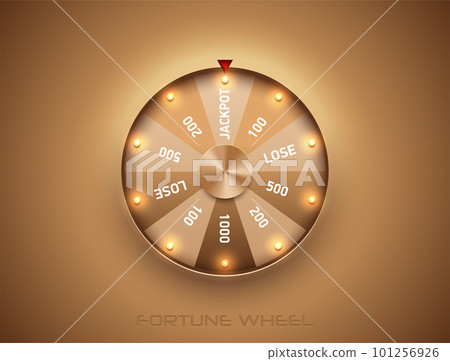 Luxury fortune wheel spin mashine. Cut frame, isolated on golden background. Casino banner design element or icon. Gold sector with led bulb light 101256926