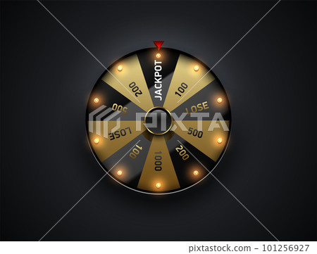 Luxury fortune wheel spin mashine. Cut frame, isolated on black background. Casino banner design element or icon. Golden and glossy black sector with led bulb light 101256927