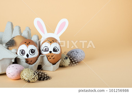 Family of owls, one bird in banny ears hairband. Brown Easter eggs in egg packs. Easter decorations. 101256986