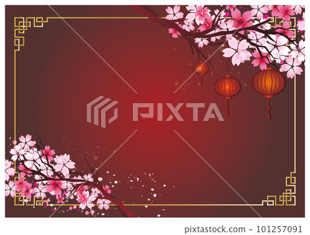 華麗的櫻花和紅燈籠的中國風框架裝飾邊框背景 101257091