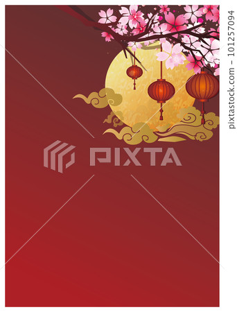 華麗的櫻花和紅燈籠的中國風框架裝飾邊框背景 101257094