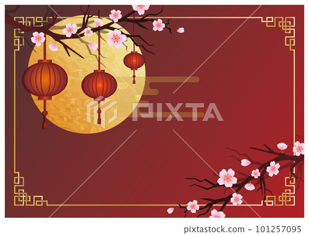 華麗的櫻花和紅燈籠的中國風框架裝飾邊框背景 101257095
