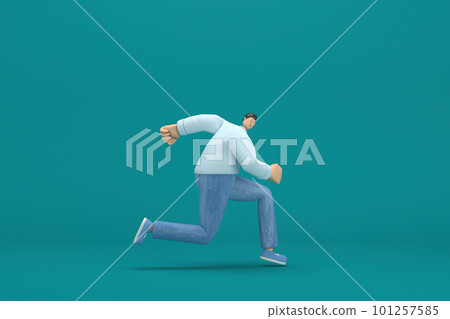 cartoon character wearing jeans and  long shirt. He is running. 3d rendering in acting. 101257585