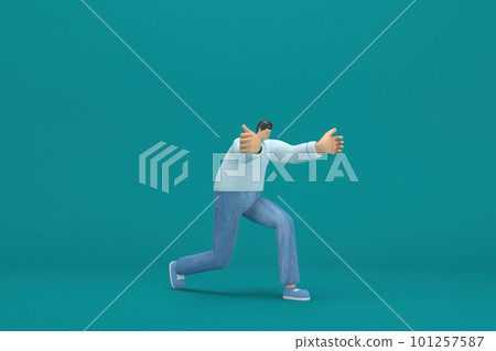 cartoon character wearing jeans and  long shirt. He is pulling or pushing something. 3d rendering in acting. 101257587