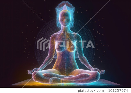 Power woman meditation. Universe space. Generate Ai 101257974
