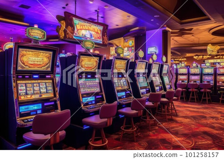 Casino slot machine room. Money play game. Generate Ai 101258157