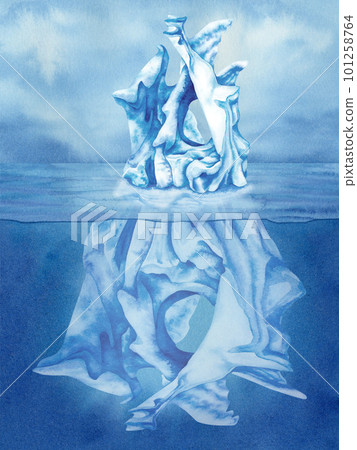 Watercolor hand drawn abstract seascape illustration with sky, clouds, sea, iceberg and underwater. Hand painted clipart for design projects 101258764