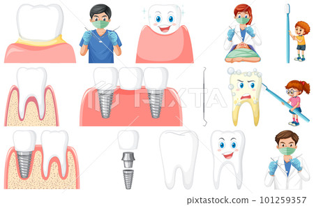 Set of dental equipments and cartoon characters 101259357