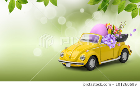 Retro car carrying an easter egg and spring flowers. Happy Easter 101260699