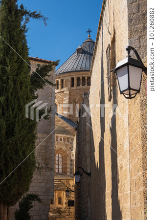 Old castle temple with streetlamp and trees 101260882