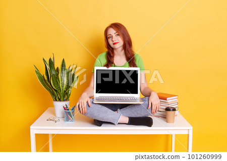 Happy woman showing blank black computer screen while sitting on table and holds laptop on knees, looks at camera, red haired student girl isolated over yellow background. 101260999