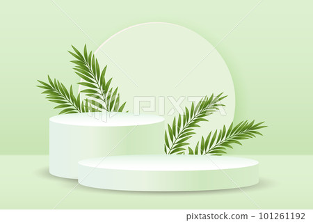 Podium with palm leaves for product presentation on a pale green background. 3D illustration, vector Podium with palm leaves for product presentation on a pale green background. 3D illustration, vector 101261192