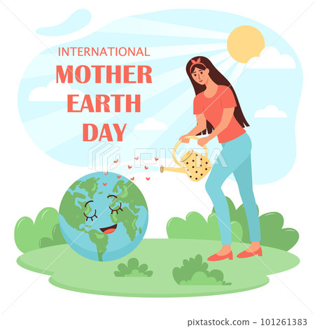 Woman watering little character planet Earth from a watering can. International mother Earth day text. The problem of fresh water, environmental protection, climate change, ecology support, save the 101261383