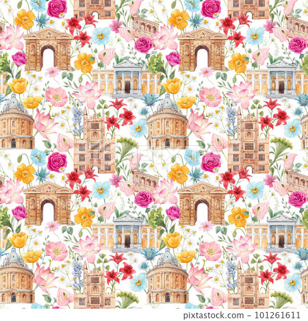 Beautiful seamless patrtern with watercolor hand drawn Oxford historical sites and flowers. Stock illustration. Beautiful seamless patrtern with watercolor hand drawn Oxford historical sites and flowers. Stock illustration. 101261611