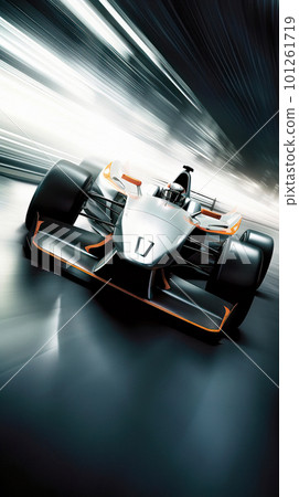 A White and Orange Open-wheel Race Car with a Sleek Design Speeding down a Street, creating Motion Blur 101261719