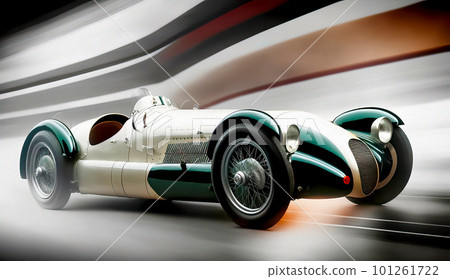 White and Green Vintage Race Car with Sleek Curves and Classic Design on High-Speed Action Background 101261722