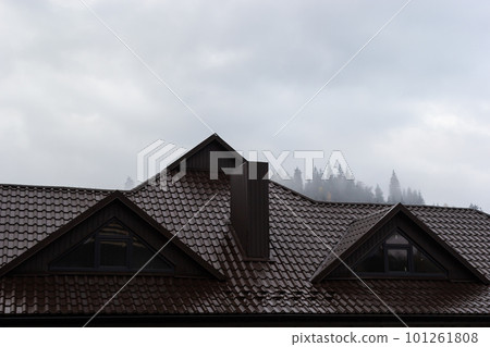 House with new brown metal tile roof and rain gutter. Metallic Guttering System, Guttering and Drainage Pipe Exterior 101261808