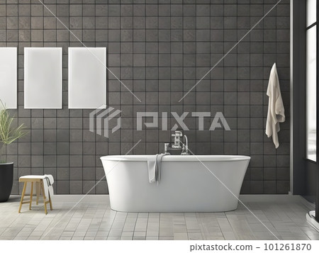 White bathtub, dark grey tiles, and three posters above. Generative AI. White bathtub, dark grey tiles, and three posters above. Generative AI. 101261870