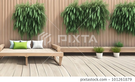 A 3d rendering of an empty outside wooden wall with a tropical-style garden, a tropical-style tree, and sunlight. Generative AI. 101261879