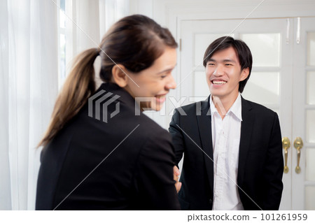 Young businesswoman and businessman break and talking with relax. 101261959