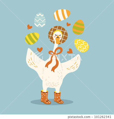 cute goose in boots and hat juggling easter eggs 101262341