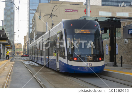Edmonton, Alberta, Canada. Apr 04, 2023. Edmonton Transit Service Rail light train in downtown Edmonton. 101262653