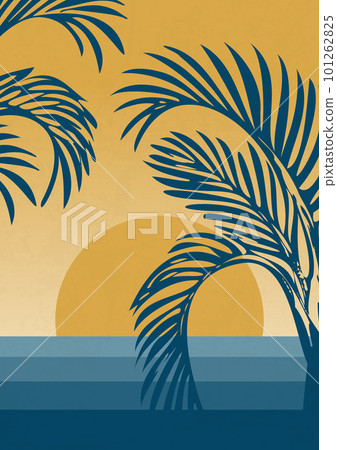 Seaside landscape with sunset view and palms poster. Minimalistic style. 101262825