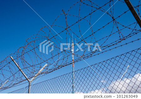 Barbed wire against blue cloudless sky Barbed wire against blue cloudless sky 101263049
