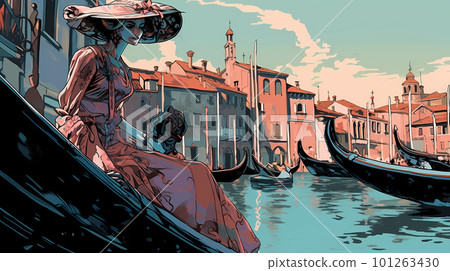 Illustration of the beautiful city of Venice. City of gondoliers, bridges, carnivals and love. Italy 101263430