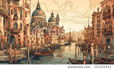Illustration of the beautiful city of Venice. City of gondoliers, bridges, carnivals and love. Italy 101263431
