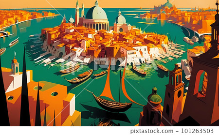 Illustration of the beautiful city of Venice. City of gondoliers, bridges, carnivals and love. Italy 101263503