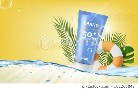 Realistic Detailed 3d Tube Waterproof Sunscreen Silky Protection Concept Background with Swimming Ring and Palm Branches. Vector illustration 101263842