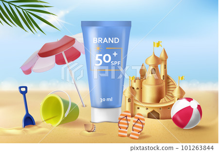 Realistic Detailed 3d New Sunscreen Water Resistant Sunblock for all Skin Types Concept Background. Vector illustration Realistic Detailed 3d New Sunscreen Water Resistant Sunblock for all Skin Types Concept Background. Vector illustration 101263844